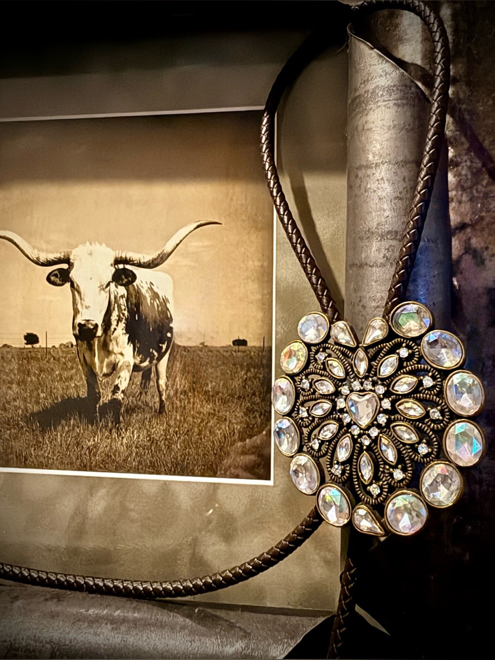 Western Crystal Medallion Bolo Tie